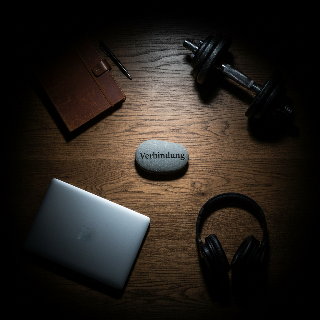 A sturdy, dark oak table seen from above, its textured grain clearly visible, with four different objects neatly arranged at the corners: a well-used leather journal, a set of metal dumbbells, a closed laptop with a matte finish, and a pair of over-ear headphones. At the center lies a small, polished stone engraved with the word “Verbindung.” A strong, overhead spotlight creates a bright circular pool of light, while the table edges fall into deep shadow, carving sharp outlines around each object. The photographic composition is minimalist and graphic, evoking the different facets of men’s lives—mind, body, work, and music—coming together in a shared friendship space that is bold, focused, and supportive.