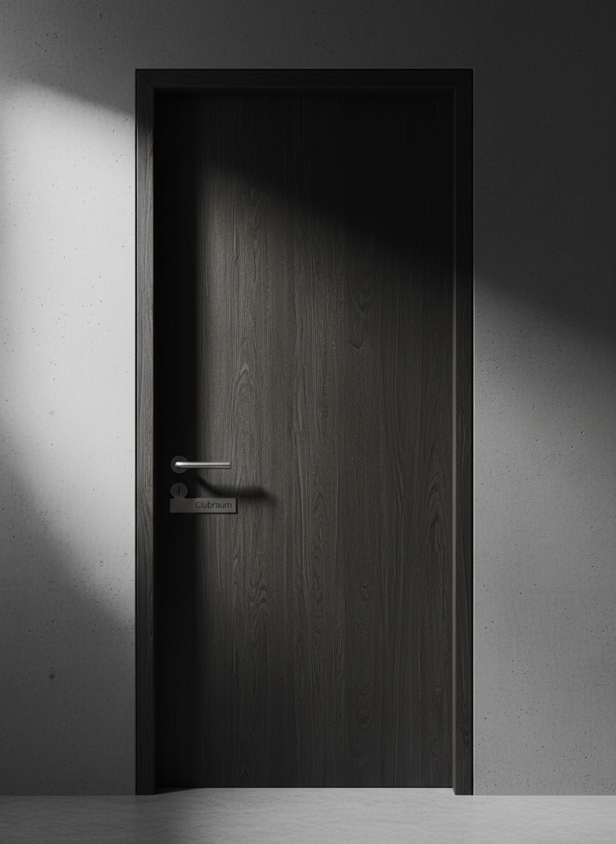 A robust, dark wooden door with a subtle grain texture, featuring a heavy brushed-steel handle and a small rectangular plaque engraved with “Clubraum” in minimalist sans-serif type. The door stands alone in a smooth, concrete wall, which is lit by a single powerful side light from the right, creating a striking contrast between bright highlights and deep, crisp shadows along the doorframe. The floor is bare, polished concrete, reflecting a faint glow. Photographed straight-on with precise symmetry and sharp focus, the scene has a clean, modern, almost cinematic realism. The atmosphere suggests a bold, discreet space behind the door, inviting trust, connection, and a sense of belonging without revealing what is inside.