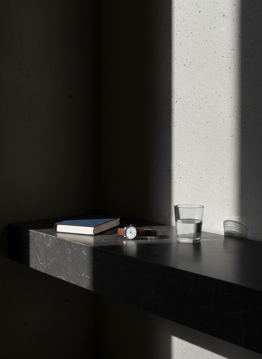 A heavy, dark stone bench with a smooth, slightly reflective surface positioned against a minimalist, matte concrete wall in a quiet corner. On the bench sit three distinct objects spaced evenly apart: a closed hardcover book with a navy cloth cover, a classic analog wristwatch laid flat, and a small, simple glass of still water filled to the halfway mark. A strong, directional beam of light enters from the upper right, slicing diagonally across the scene and casting razor-sharp shadows of each object onto the wall and bench. The rest of the space sinks into darkness. Photographed at a low, side angle in stark photographic realism, the image radiates seriousness, presence, and room for deep, supportive reflection among men.