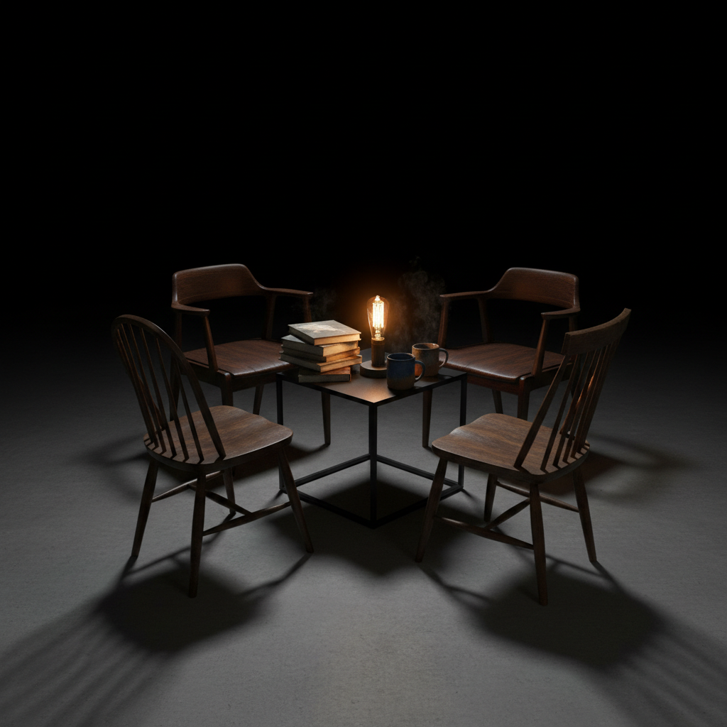 A circular arrangement of four solid wooden chairs, each different in design but all dark-stained and slightly worn, encircling a low, square, black table. On the table: a single, glowing vintage filament lamp, a stack of dog-eared books, and two heavy ceramic mugs. The lamp is the only light source, casting intense, directional light that creates sharp, geometric shadows of the chairs on the smooth concrete floor. The background fades into a deep, unfocused darkness, heightening the intimate, confidential mood. Captured from a slightly elevated angle with a wide lens, the photographic image feels like a private, safe space for honest conversations and shared struggles, bold yet warmly protective.