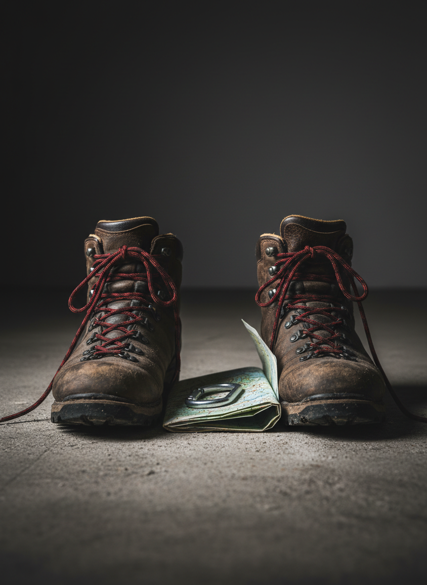 A pair of sturdy, dark hiking boots with visible creases and dust, standing side by side on a rough concrete floor, their laces loosely tied and slightly uneven. Between the boots lies a small metal carabiner and a folded topographic map, edges slightly curled. A powerful, low-angled light from the left rakes across the scene, accentuating texture in the leather, the grit on the soles, and the folds of the map, while throwing long, sharp shadows to the right. The background is plain, deep charcoal, fading to black at the edges. Captured in close-up photographic realism with a shallow depth of field, the image suggests shared adventures, loyalty, and resilience within the club’s friendships.